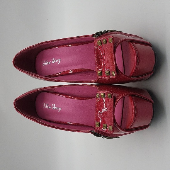 37- Show Story Skull Heel Pink Glitter Platform Heels Sz 10 Open Toe Studded - Picture 4 of 14